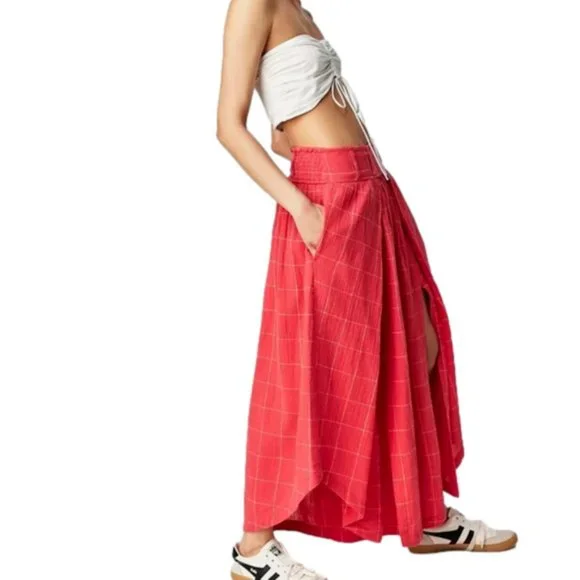 046 Free People Lunar Cove Wide-Leg Pants in Red Combo Size Medium - Picture 2 of 8